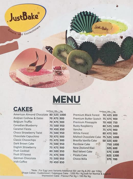 Just Bake menu