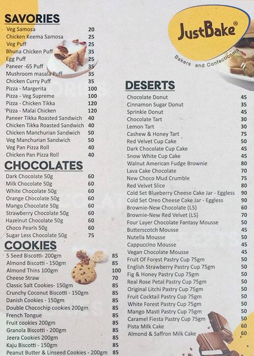 Just Bake menu