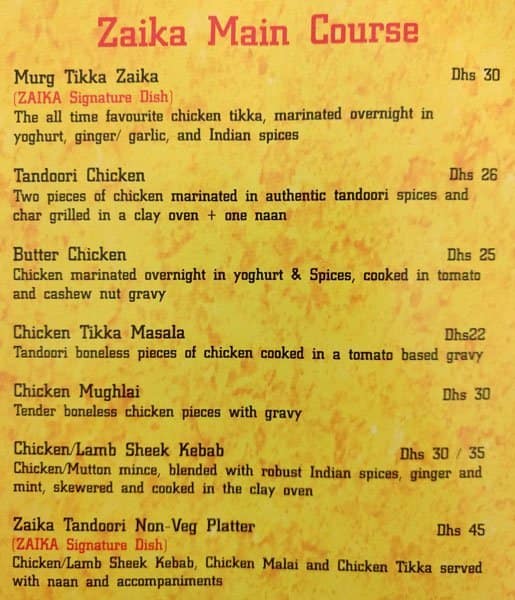 Menu at Zaika restaurant, Abu Dhabi, Khalidiyah Mall