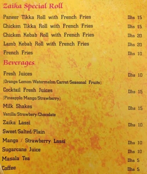 Menu at Zaika restaurant, Abu Dhabi, Khalidiyah Mall