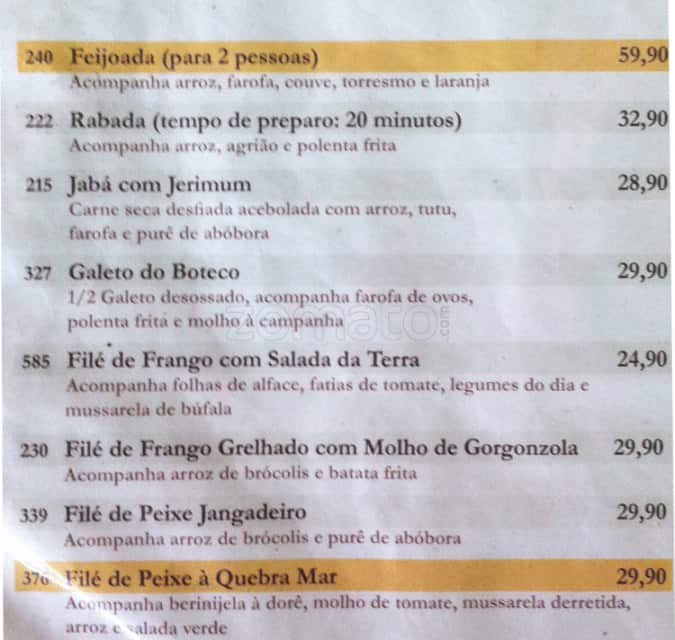 Botequim Informal cardápio