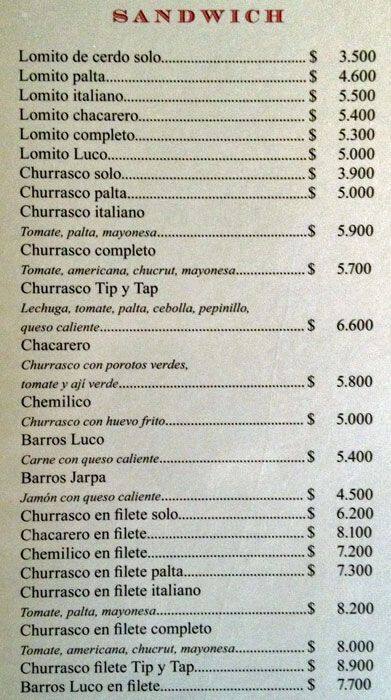 Tip y Tap Menu,Menú para Tip y Tap, Providencia, Santiago 