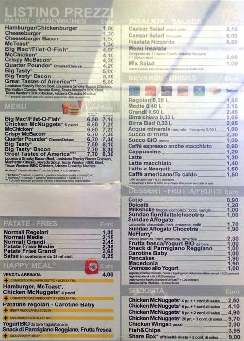 Menu di McDonald's Milano Viale De Gasperi 