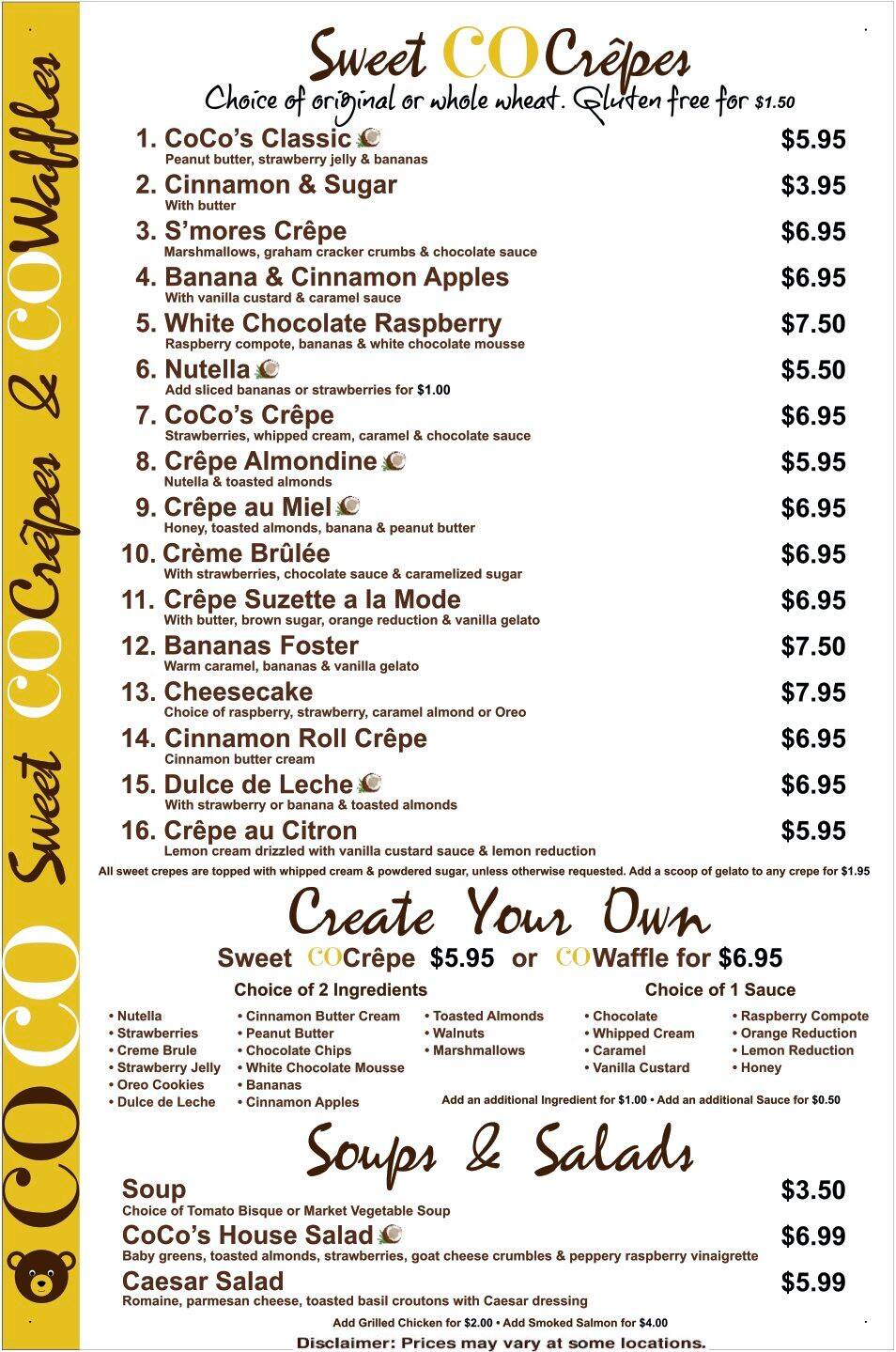 Carta del café Coco Crepes, Waffles & Coffee, Houston, Washington Ave
