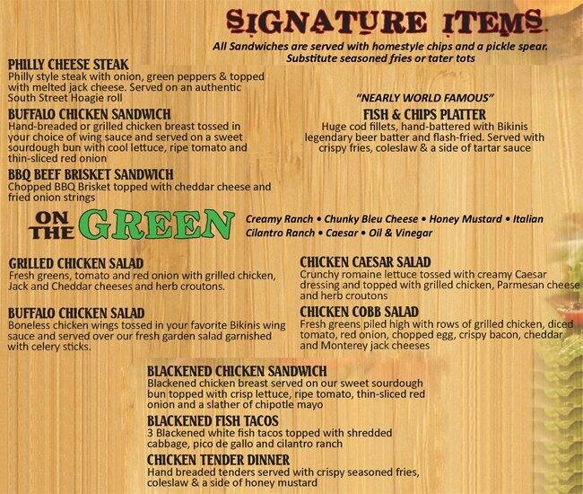 Bikinis Sports Bar & Grill menu