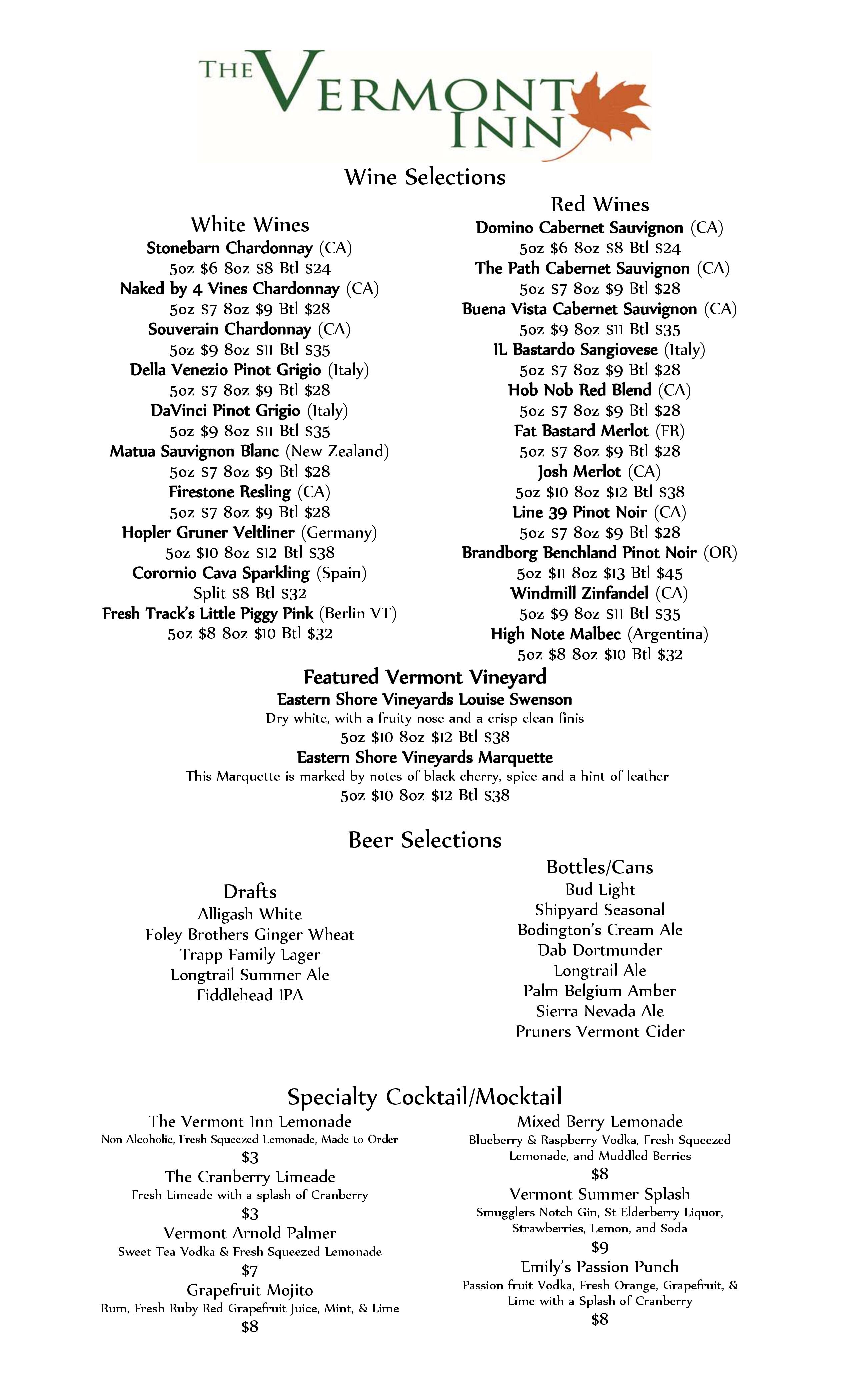 Carta de Vermont Inn
