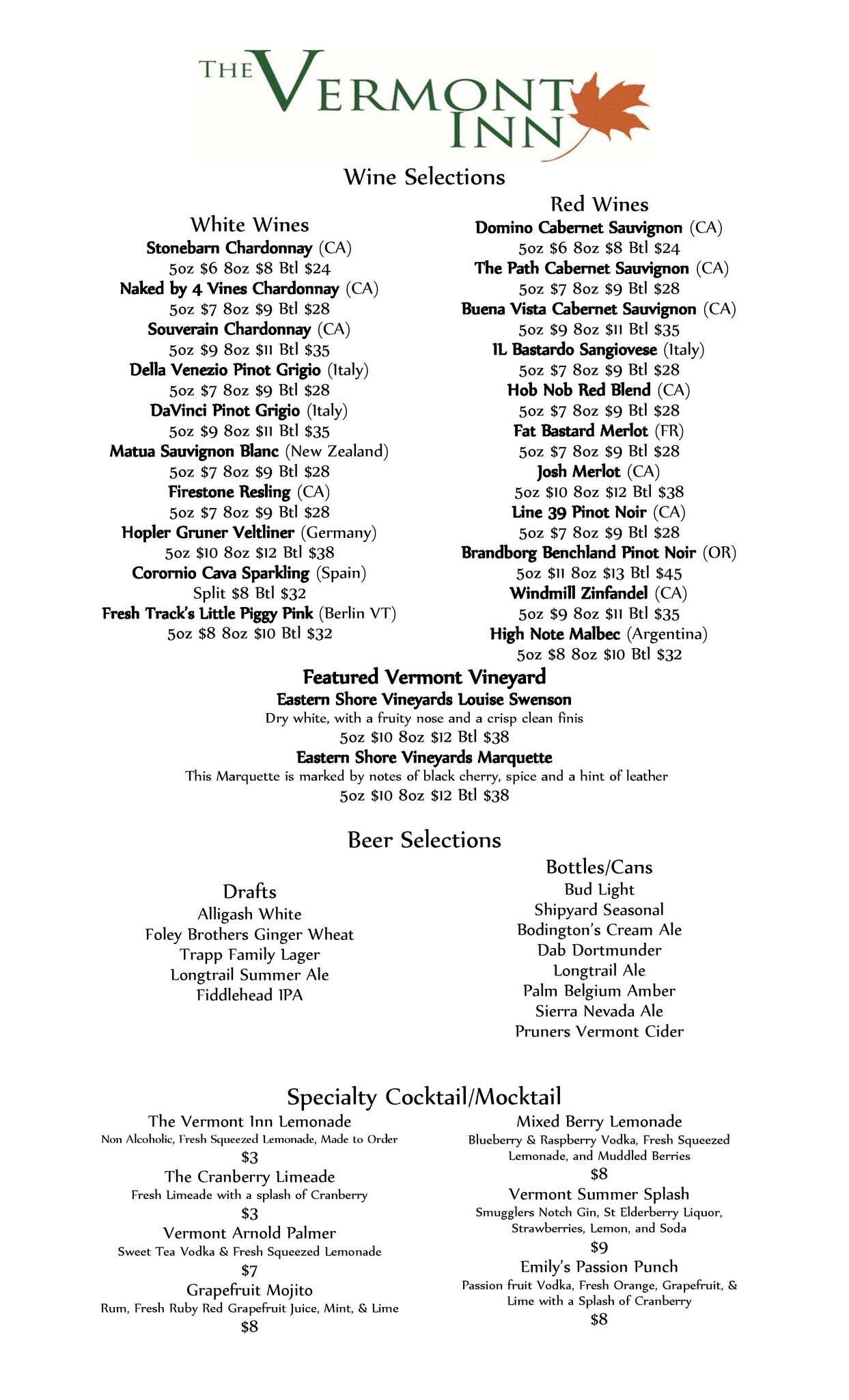 Carta de Vermont Inn