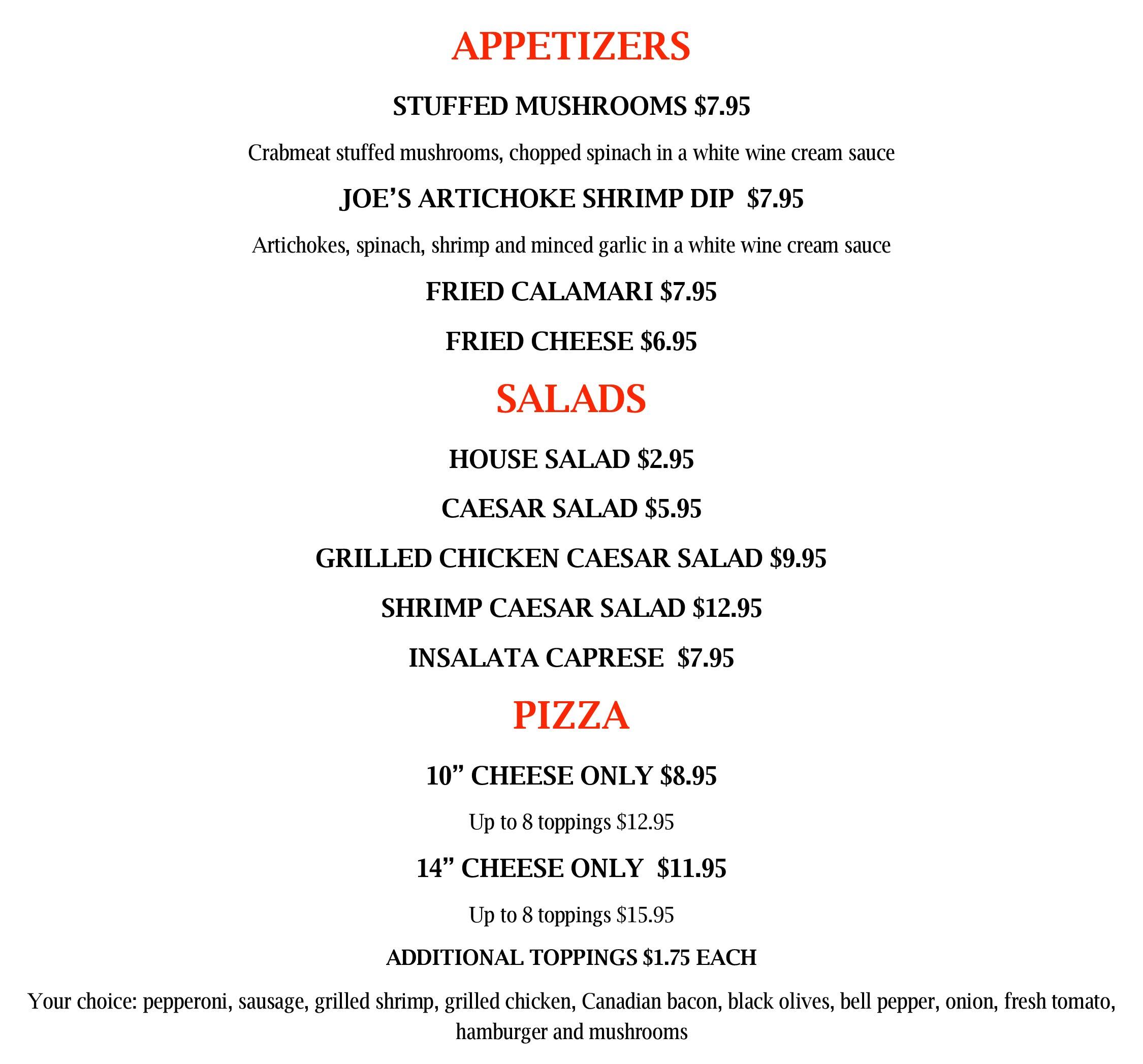 Menu at Joe's Italian Ristorante pizzeria, Slidell