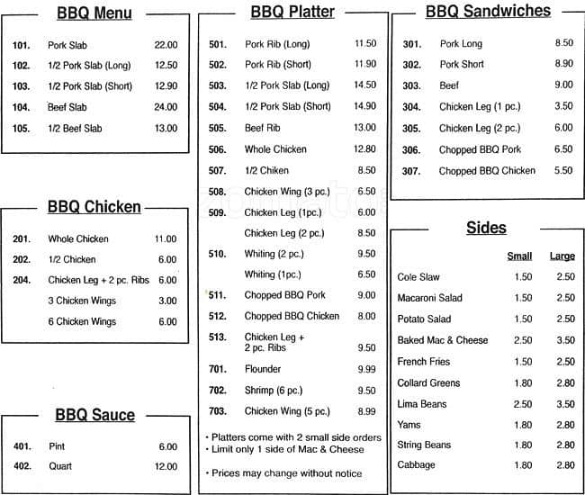 Menu at Barbecue Town, Philadelphia