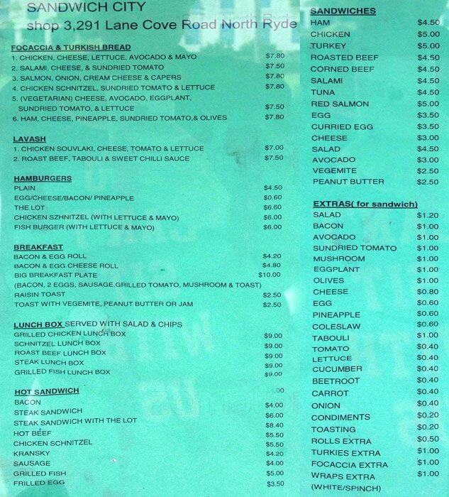 Menu at Sandwich City fast food, Macquarie Park