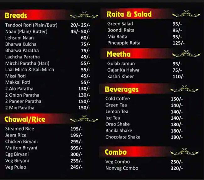 Menu of Bharat Ratna, Sector 16, Faridabad