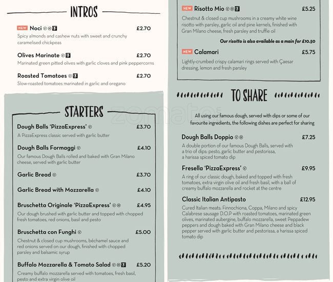 Pizza Express Menu, Menu for Pizza Express, City Centre, Birmingham