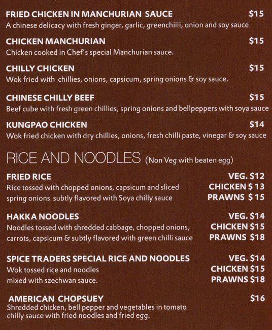 Menu at Spice Traders restaurant, Auckland, Amersham Way