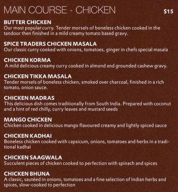Menu at Spice Traders restaurant, Auckland, Amersham Way