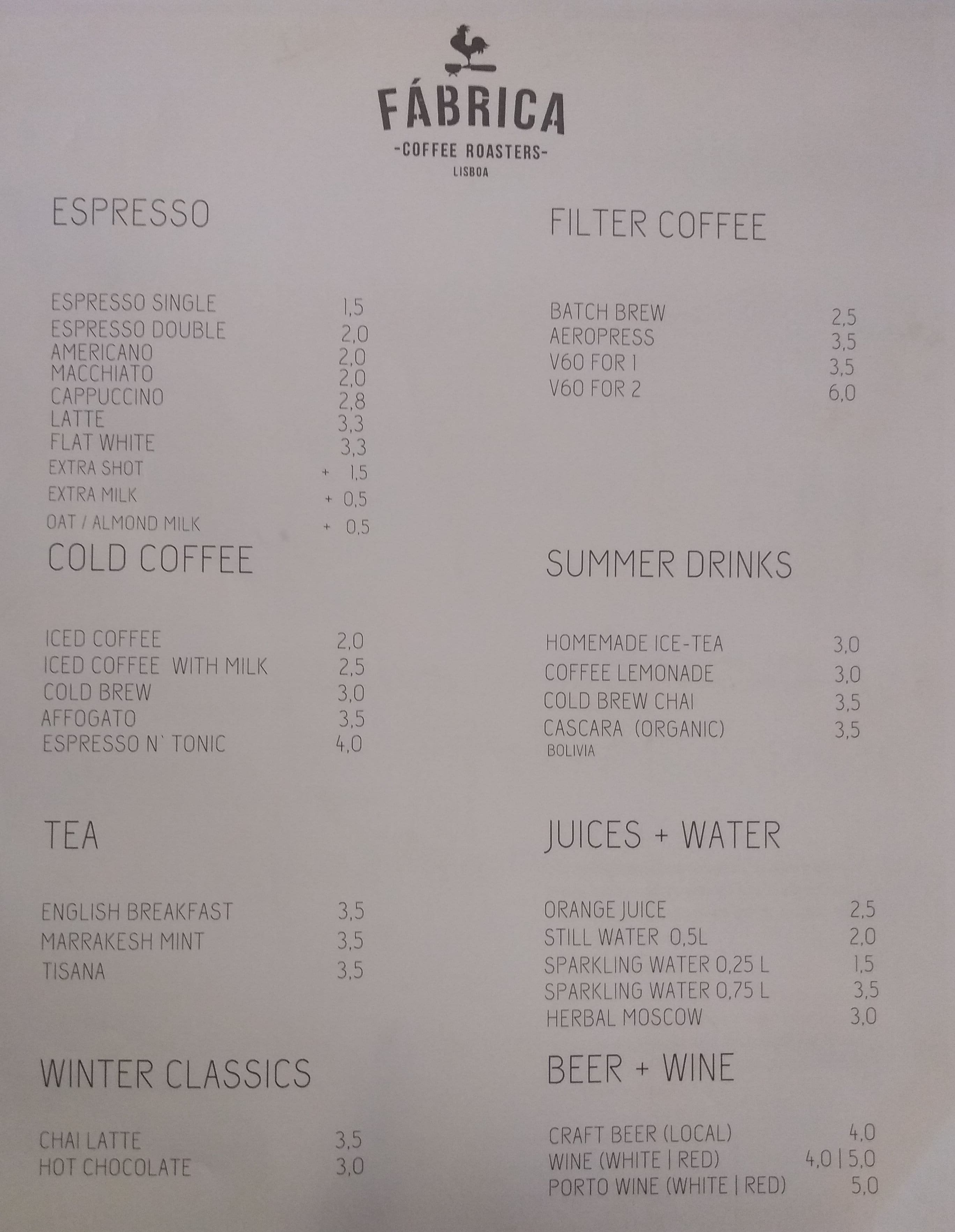 Menu em FÁBRICA COFFEE ROASTERS café, Lisboa