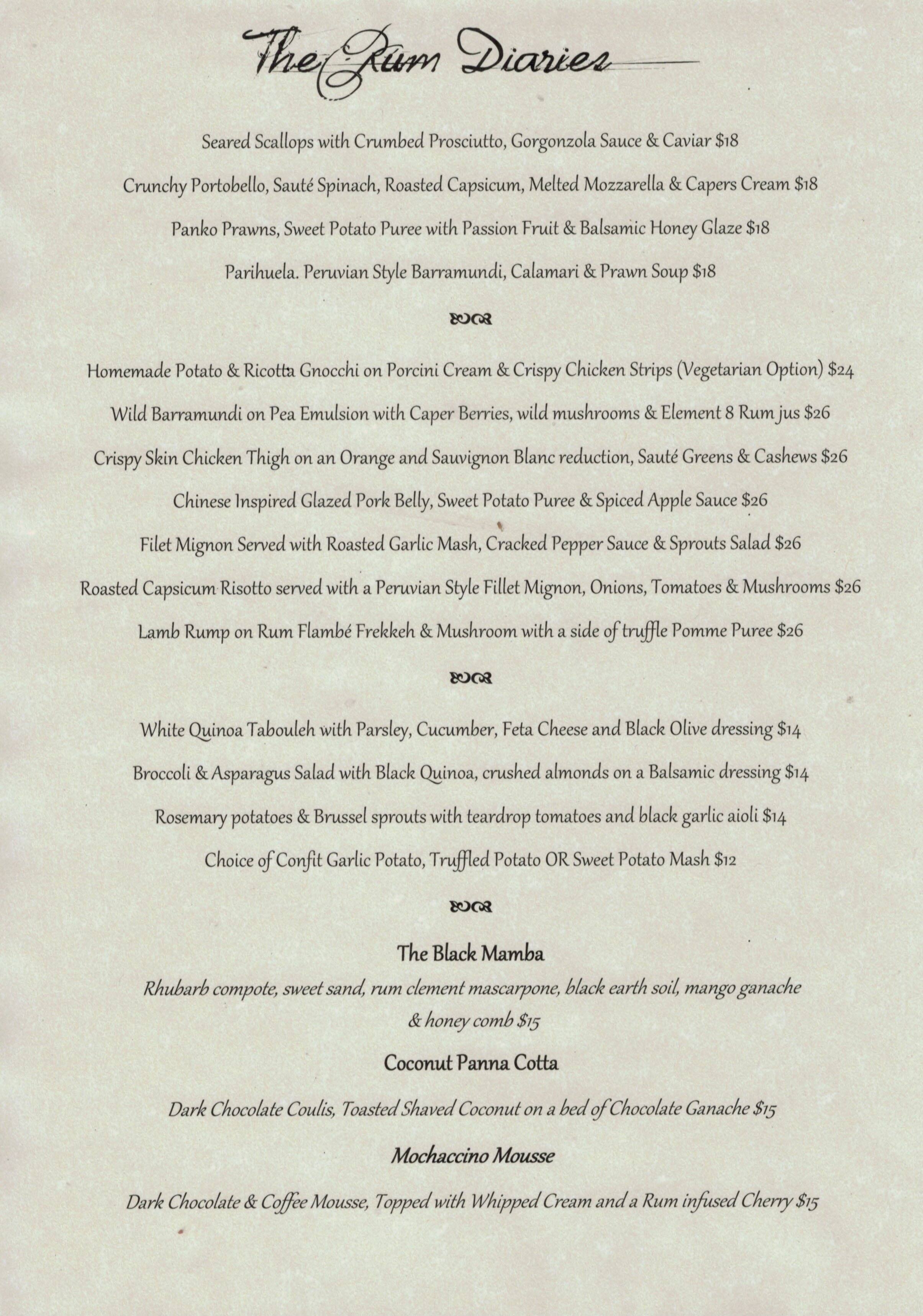 Menu at The Rum Diaries restaurant, Bondi