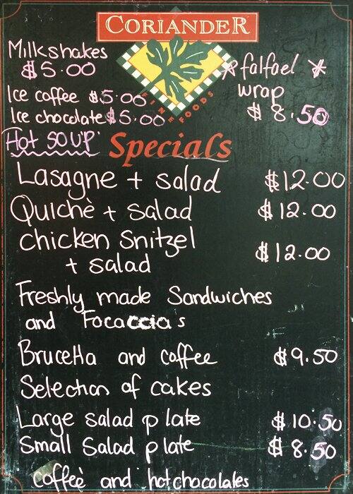 Coriander Cafe Menu, Menu for Coriander Cafe, Hampton, Melbourne