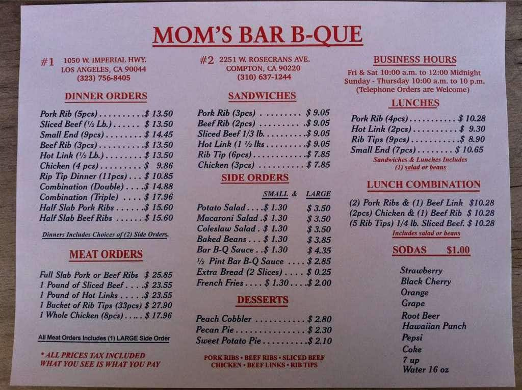 Mom's Bar-B-Q Menu, Menu For Mom's Bar-B-Q, West Athens, West Athens ...