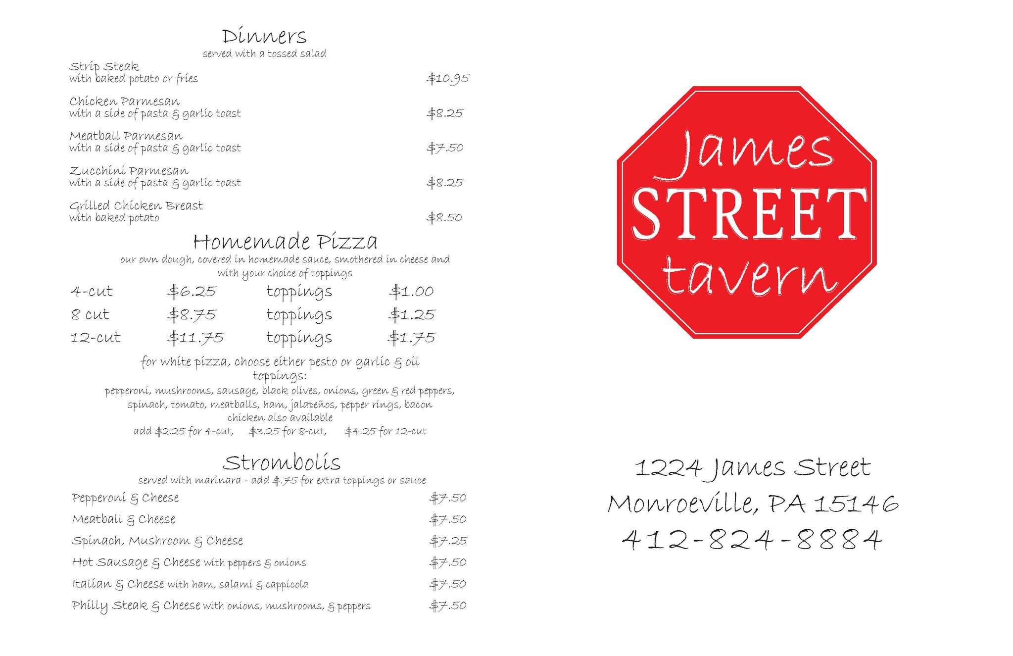 James Street Tavern Menu, Menu for James Street Tavern, Monroeville