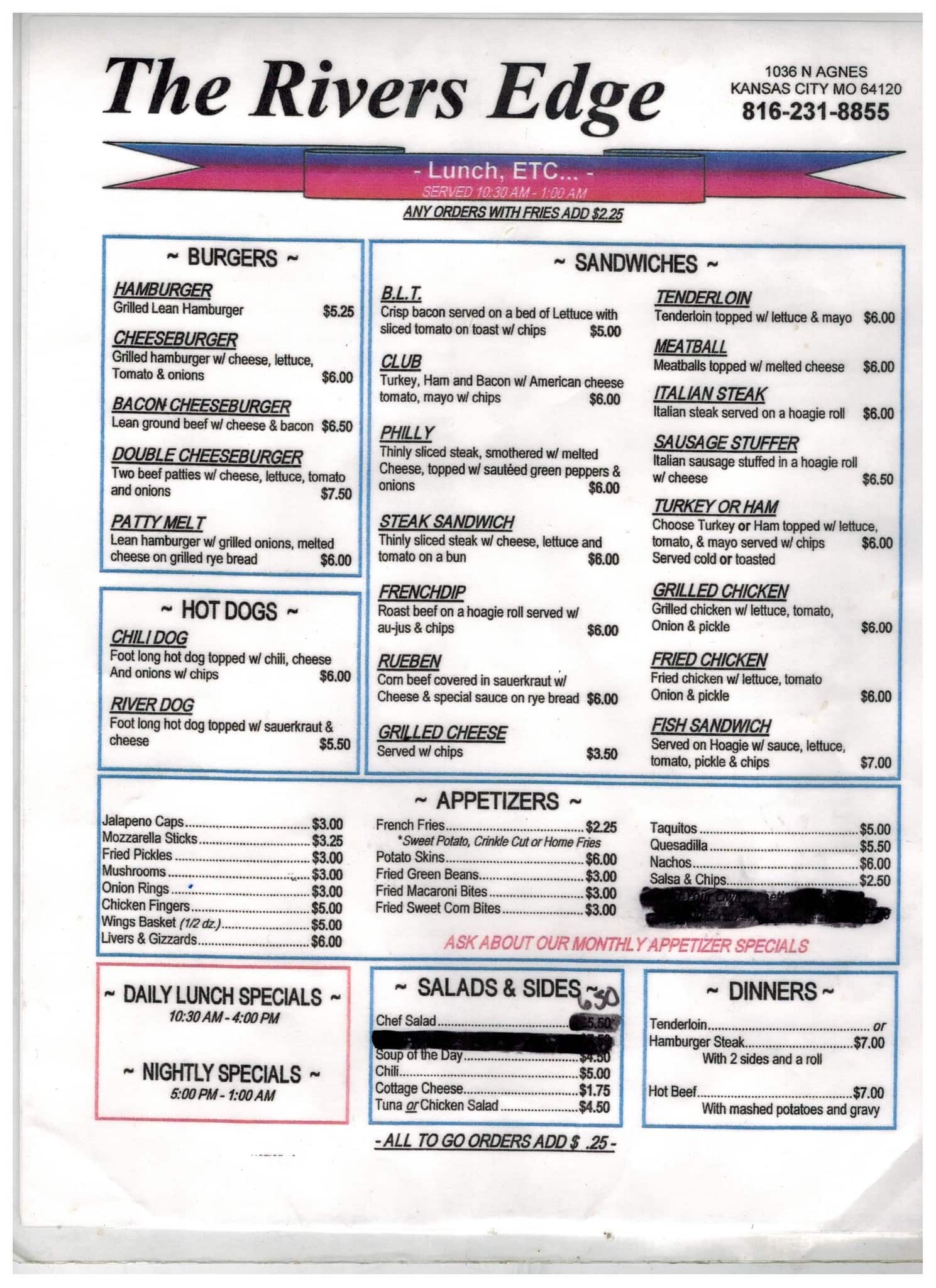 The Rivers Edge Menu, Menu for The Rivers Edge, East Kansas City