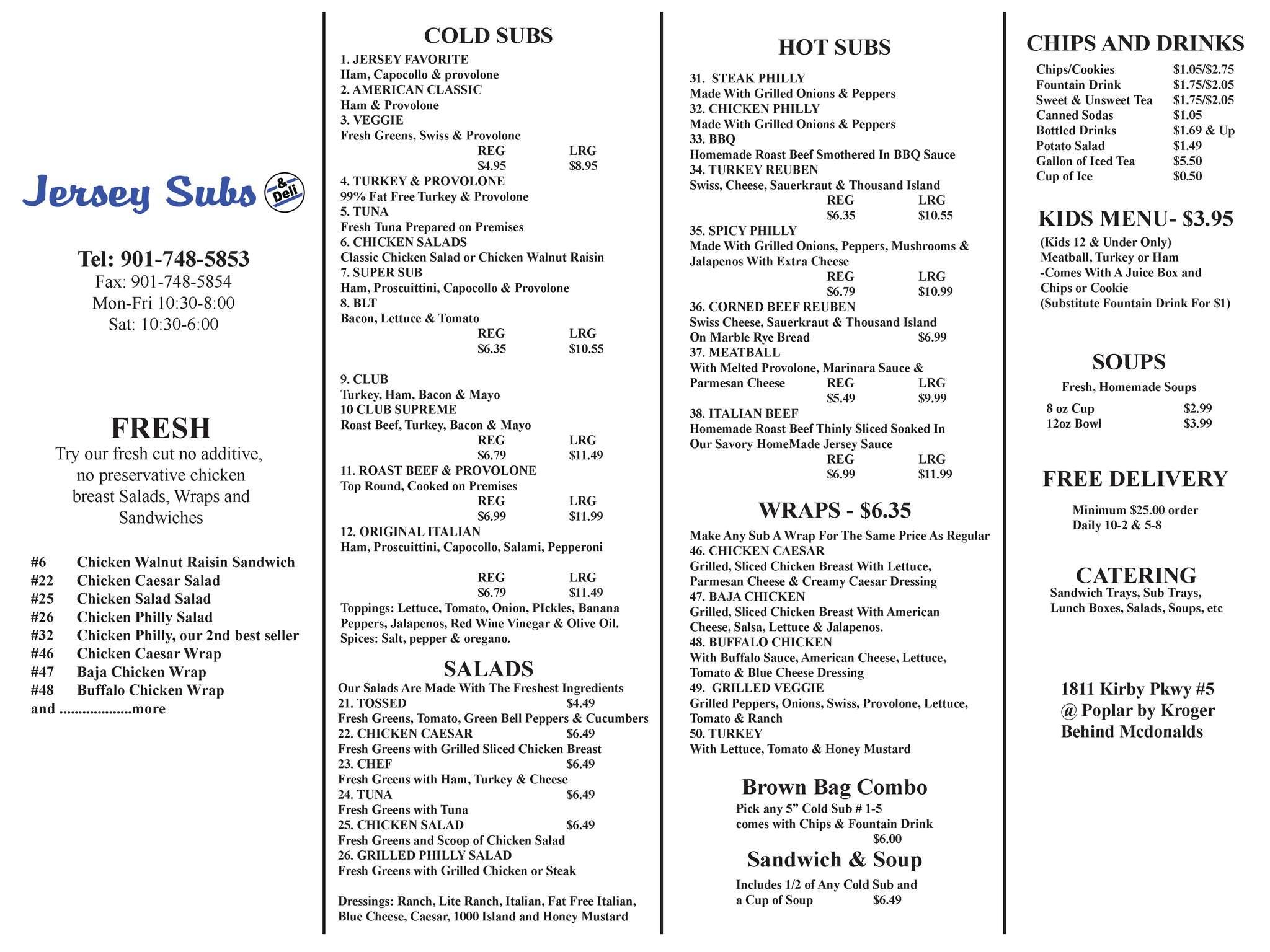 Jersey Subs & Deli menu, Menu restauracji Jersey Subs & Deli