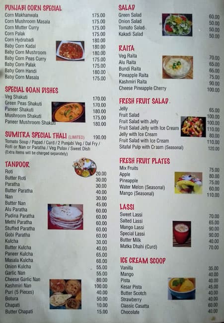 Sumitra Restaurant menu