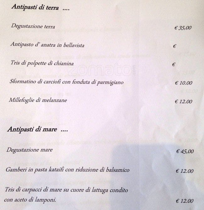 Menu di Antica Biblioteca Valle 