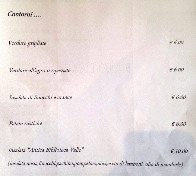 Menu di Antica Biblioteca Valle 