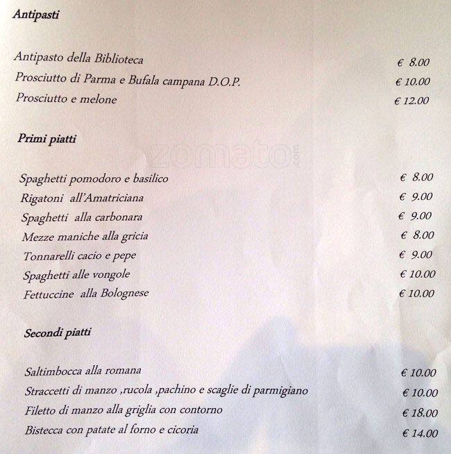 Menu di Antica Biblioteca Valle 