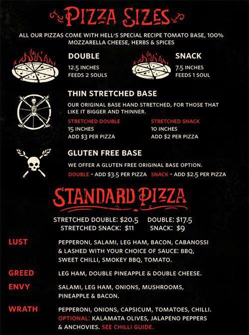 Carta de pizzería Hell Pizza, Clayfield