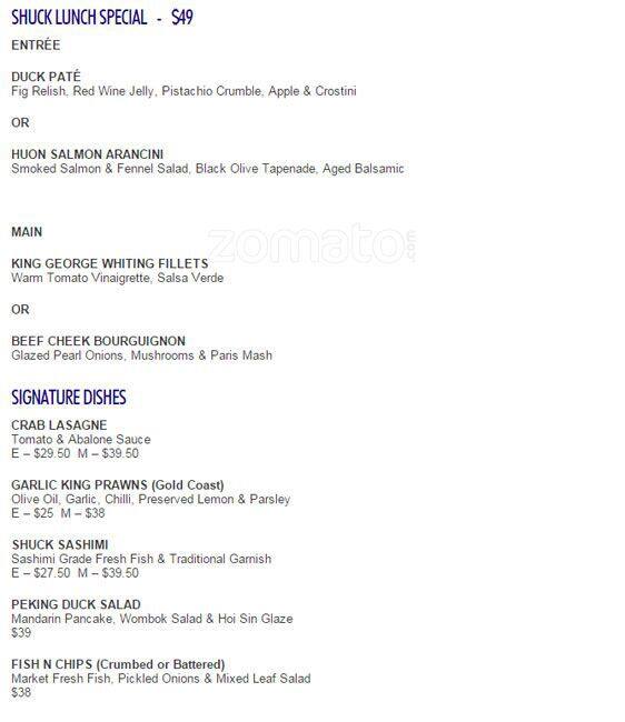 Carta de Shuck Restaurant