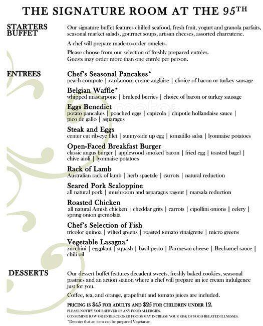 Menu At The Signature Room At The 95th Restaurant Chicago