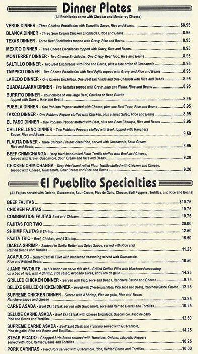 Menu at El Pueblito Mexican Cocina restaurant, Plano