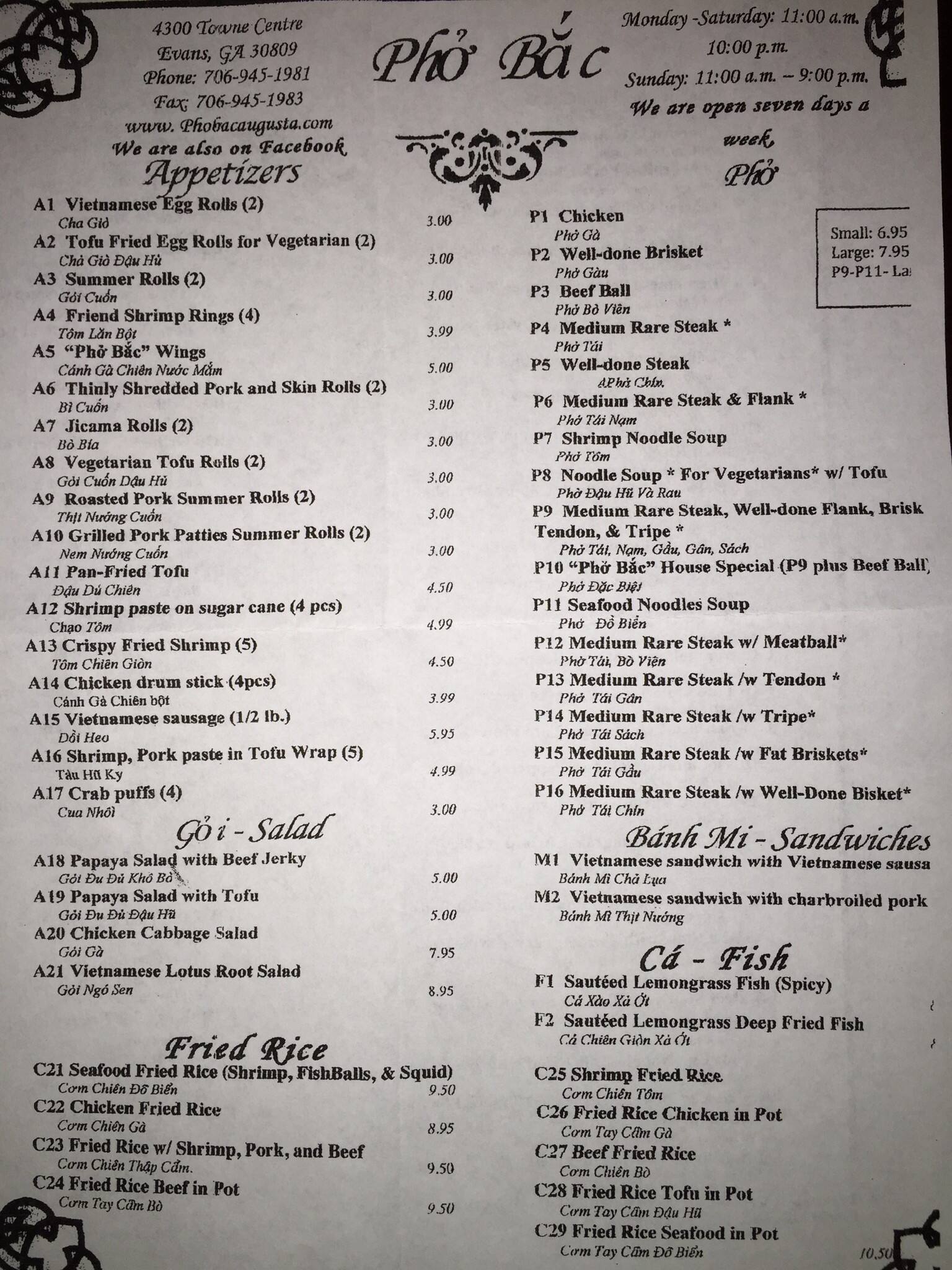 Menu At Pho Bac Restaurant Evans
