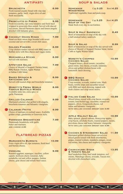 Menu at Moretti's Ristorante pub &amp; bar, Lake in the Hills