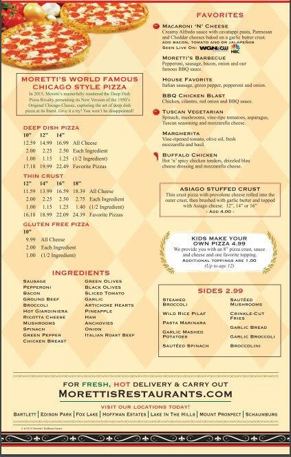 Menu at Moretti's Ristorante pub &amp; bar, Lake in the Hills