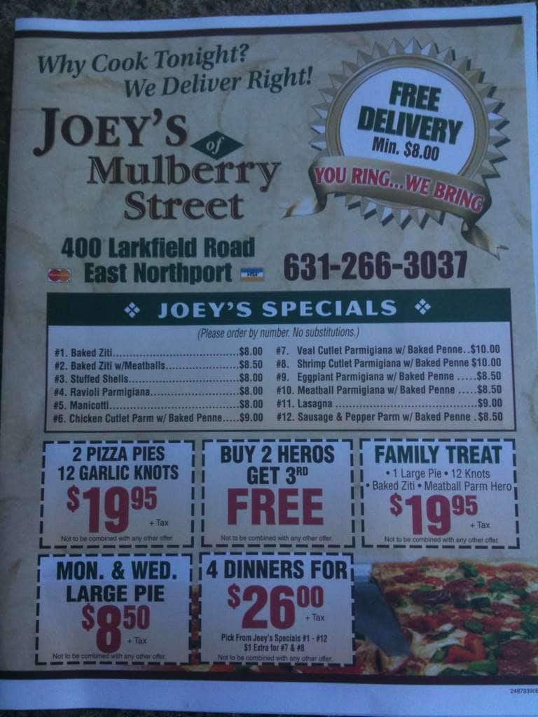 Joeys Pizza of Merrick Menu, Menu for Joeys Pizza of Merrick, Merrick, Long Island Urbanspoon