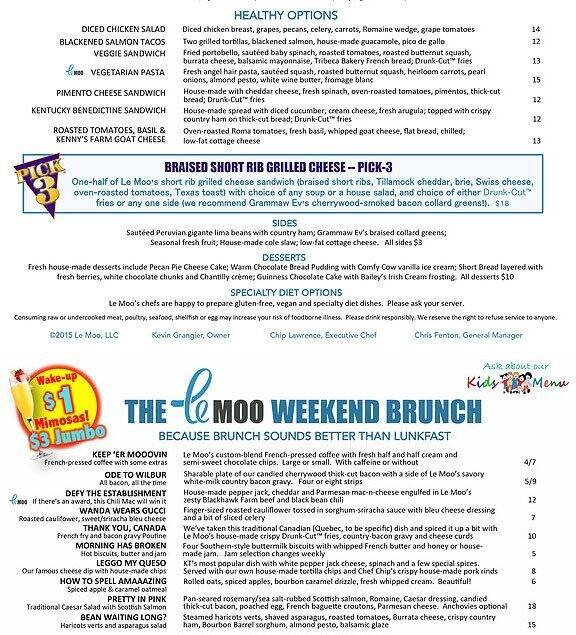 Menu at Le Moo steakhouse, Louisville