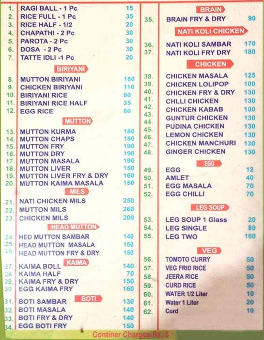 rajanna military hotel rajajinagar menu