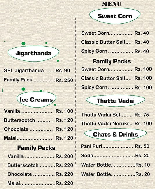 Menu of Ya Foods, Peelamedu, Coimbatore