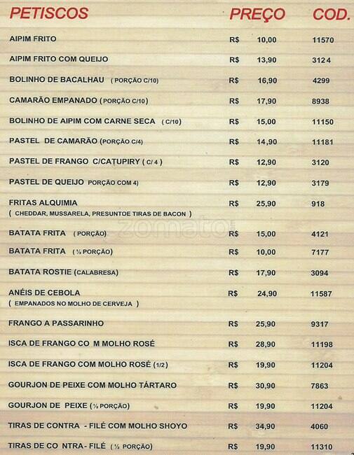 Alquimia do Pão cardápio