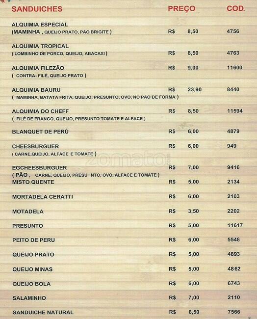 Alquimia do Pão cardápio