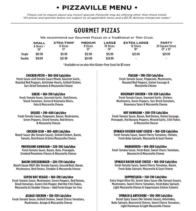 Menu de Pizzaville