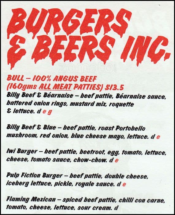 Burgers & Beers Inc Menu, Menu for Burgers & Beers Inc, Sydenham