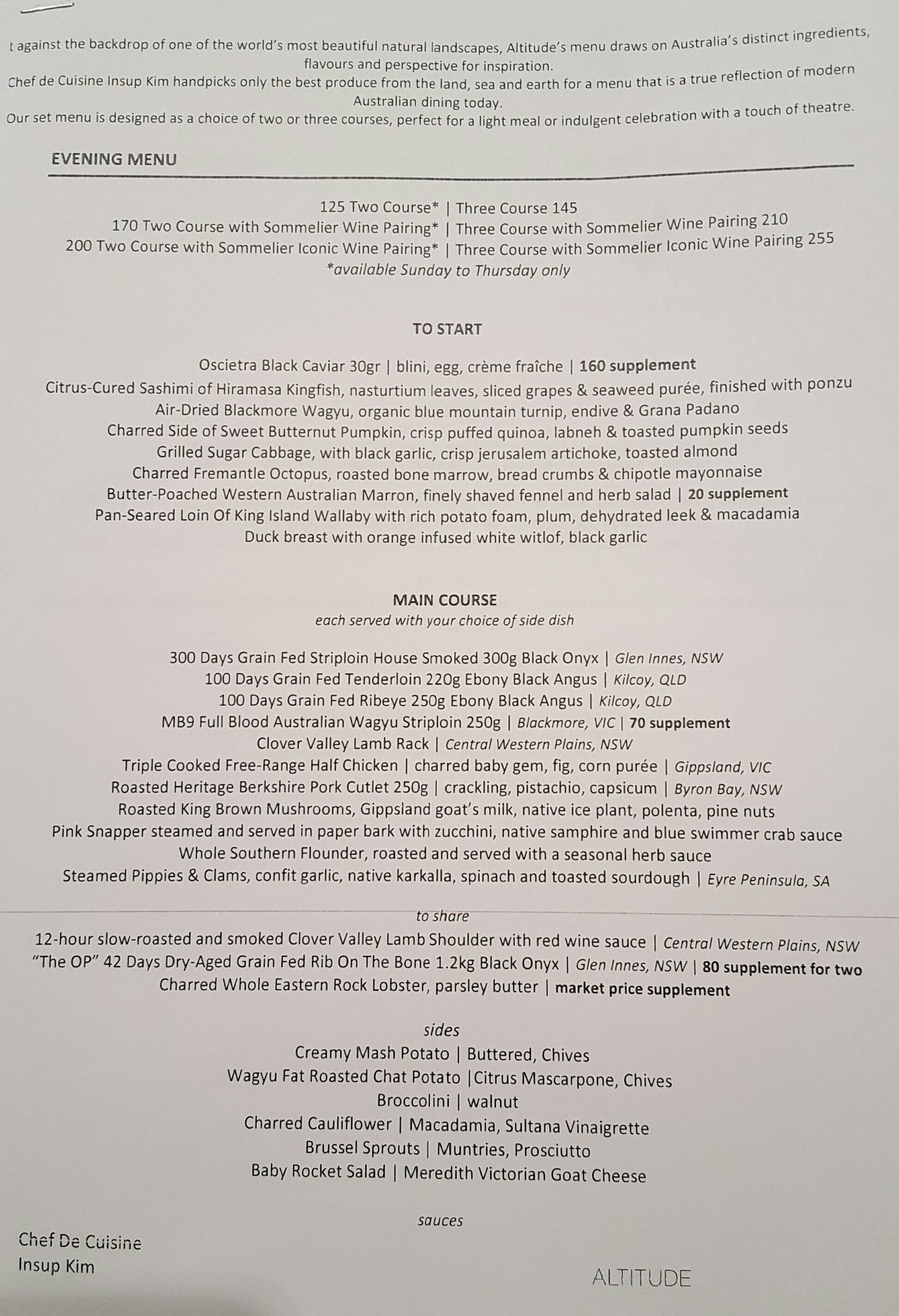 Altitude Restaurant Shangri La Hotel Sydney Menu