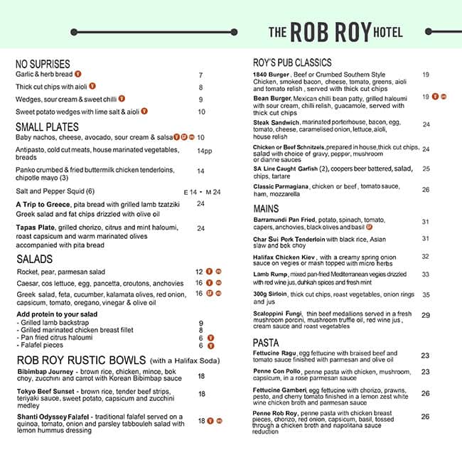 Menu at Rob Roy Hotel pub & bar, Adelaide