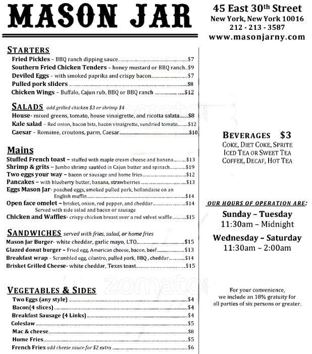 The Mason Jar menu, Menu restauracji The Mason Jar, Gramercy, New York
