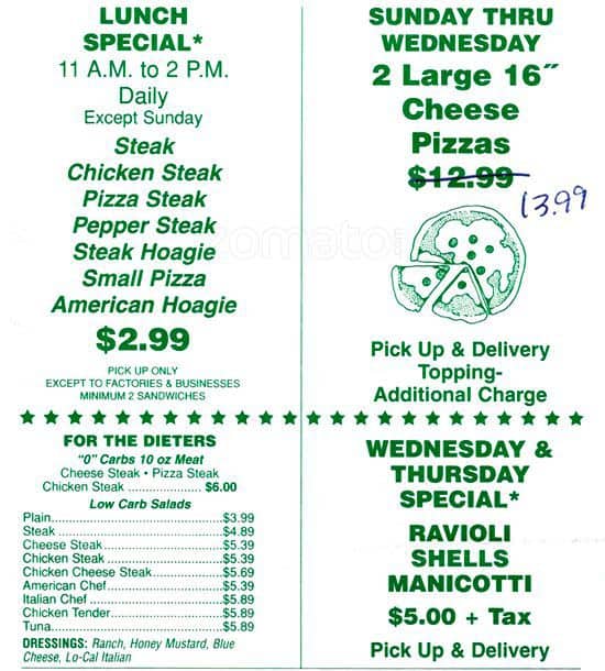 Menu at Pizza City pizzeria, Philadelphia, Red Lion Rd