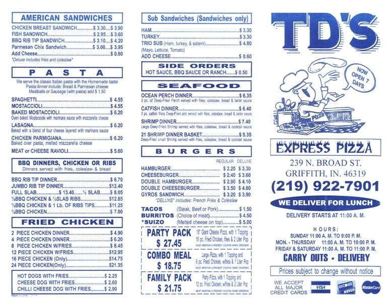 T D's Express Pizza menu, Menu restauracji T D's Express Pizza