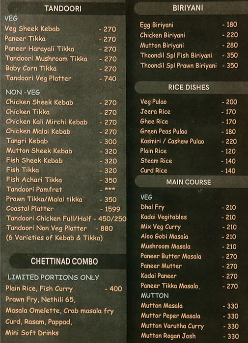 Menu at Thoondil, Chennai